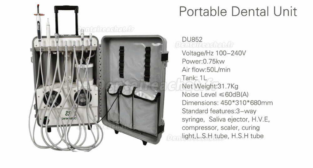 Dynamic® DU852 unité dentaire mobile avec compresseur sans huile + lampes à polymériser + dtartreur ultrasonique